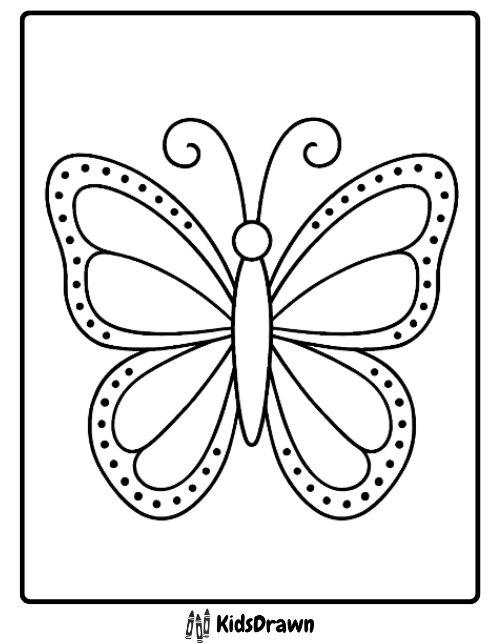 Simple cartoon butterfly coloring page with a clean design, striped body, and dotted outline on the wings
