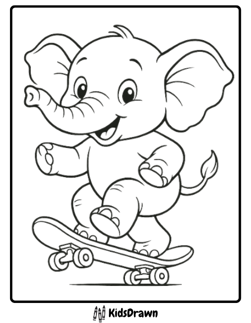 Cute elephant skateboarding happily