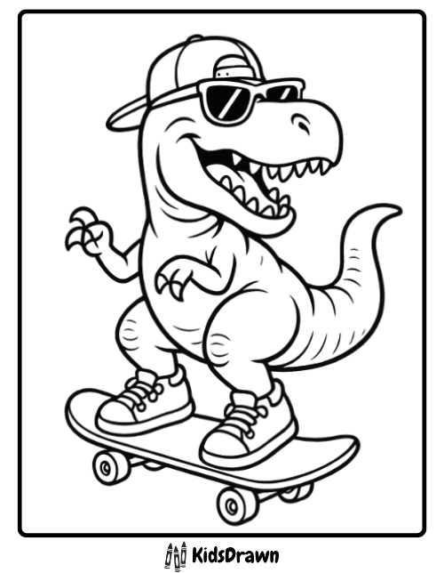 Cool T-Rex dinosaur skateboarding wearing cap and sunglasses