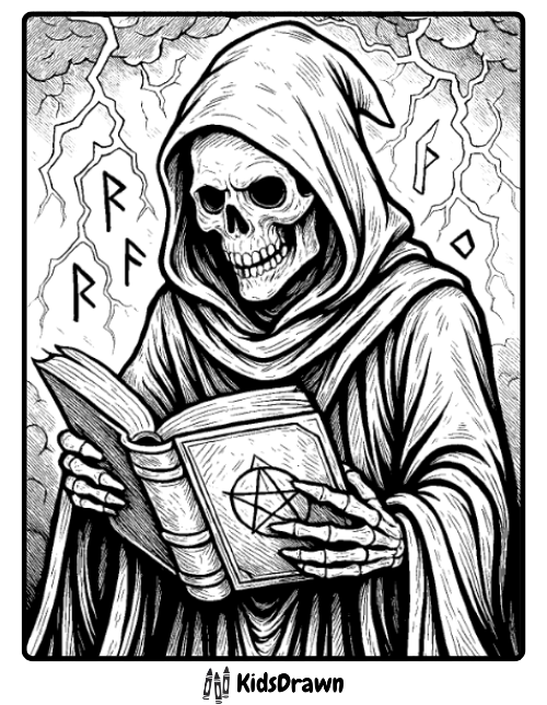 Creepy skeleton wizard reading spell book with dark magic aura
