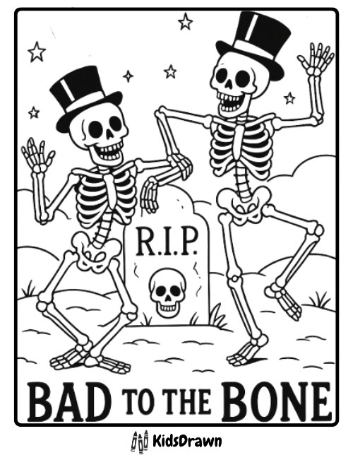 Dancing skeletons in top hats near tombstone funny Halloween