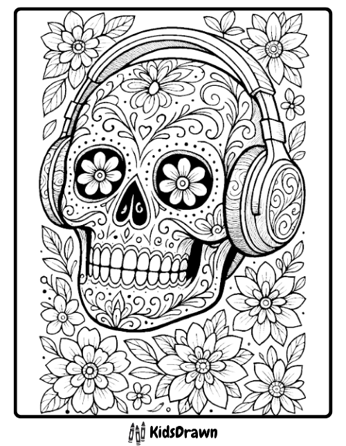 Day of the dead skull with floral designs and headphones art