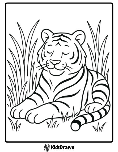 Calm tiger resting peacefully in tall grass relaxing nature themed tiger coloring pages for kids