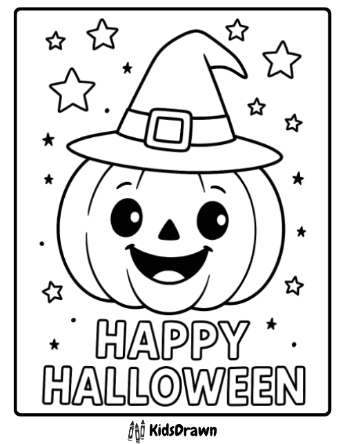 Happy pumpkin wearing witch hat with stars Halloween fun