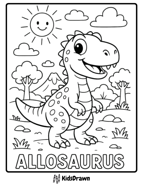 Cute smiling allosaurus dinosaur standing in sunny forest
