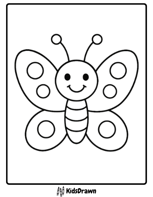 Cute, smiling cartoon butterfly coloring page with a striped body and simple large circles on the wings