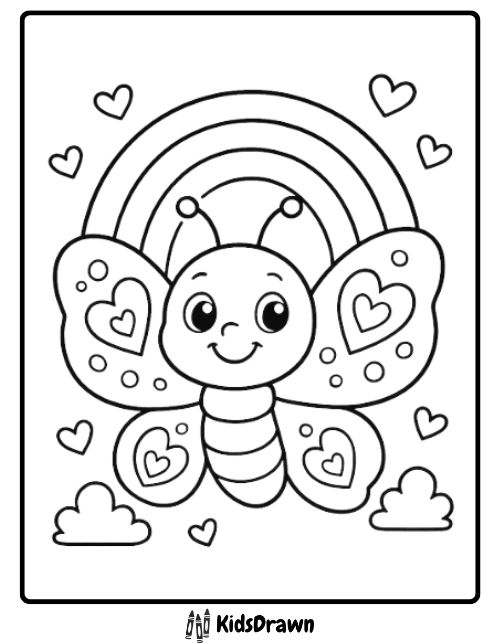 Adorable cartoon butterfly coloring page with heart patterns on its wings, flying below a rainbow and clouds