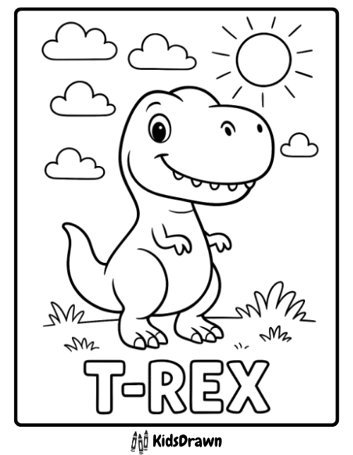 Cute cartoon T-Rex dinosaur smiling under sun and clouds