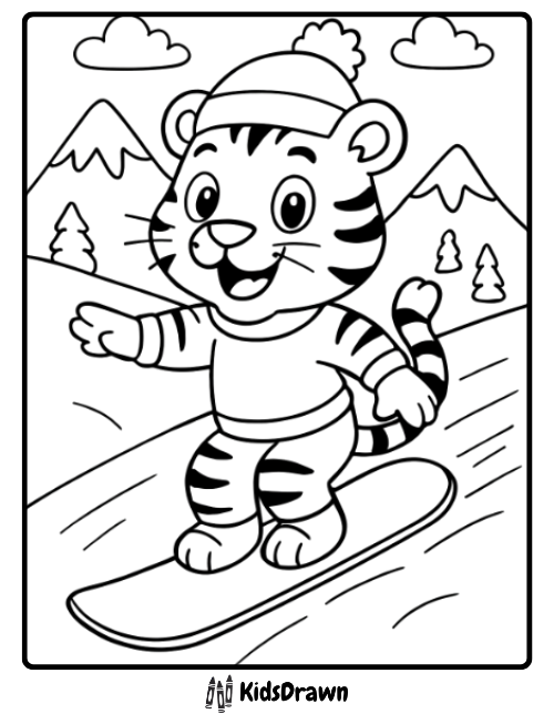 Happy tiger snowboarding down a hill winter sports themed tiger coloring pages for children