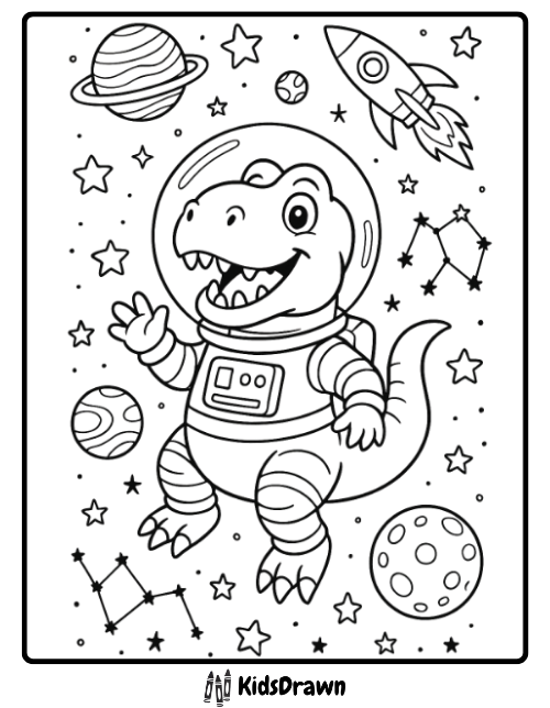 Spacefaring T Rex astronaut dinosaur coloring page with planets stars rocket printable