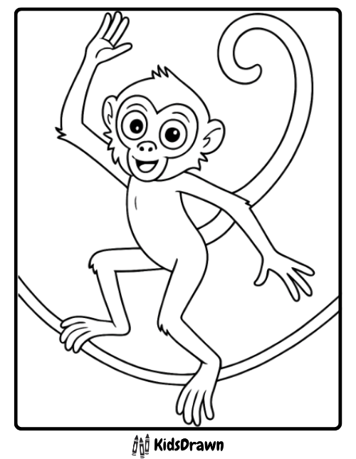 A spider monkey coloring page showing a monkey balancing on a vine and waving