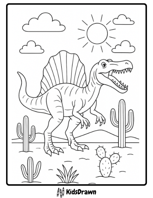Spinosaurus in desert coloring page with cactus and sun for kids printable