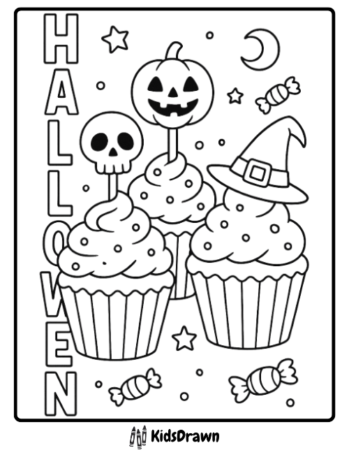 Cute Halloween cupcakes with skull pumpkin hat and candy art