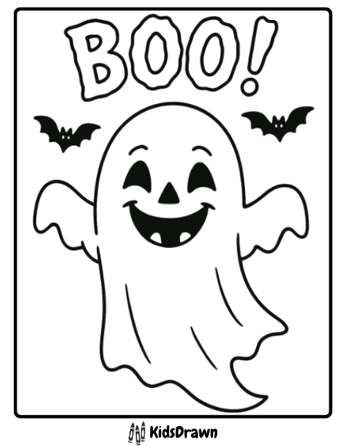 Happy ghost saying boo with bats flying in Halloween night