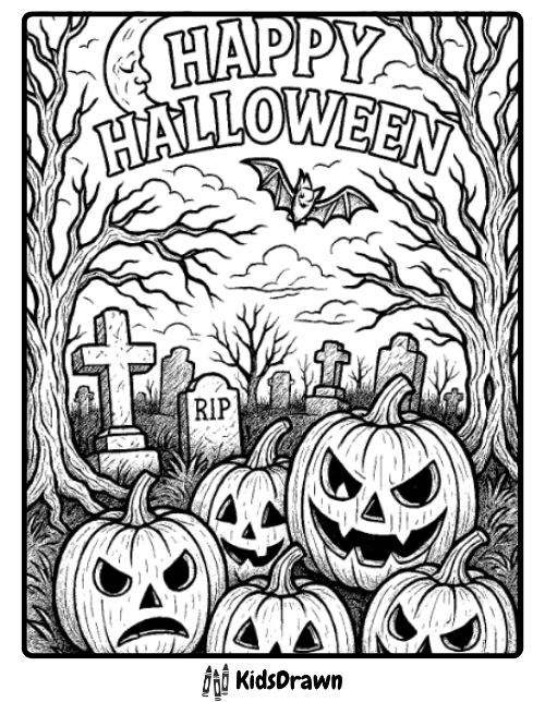 Haunted graveyard scene with pumpkins bats and spooky trees