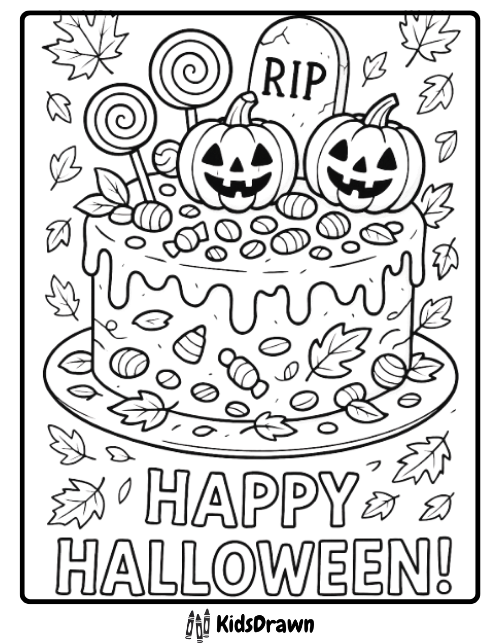 Halloween cake with pumpkins lollipops and falling leaves art
