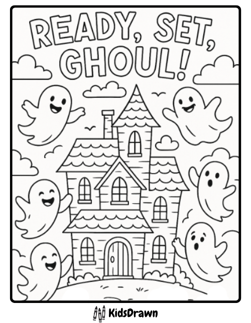 Haunted house with flying ghosts ready set ghoul Halloween fun
