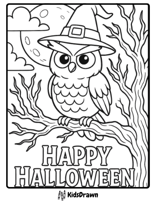 Owl wearing witch hat sitting on tree branch Halloween night