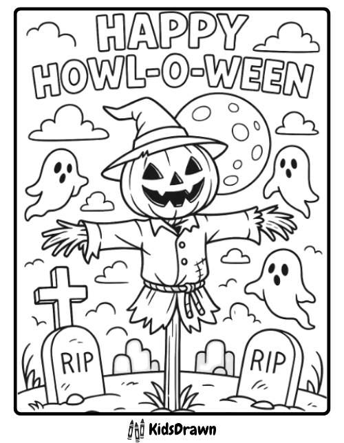 Scarecrow with pumpkin head ghosts and moon spooky Halloween art