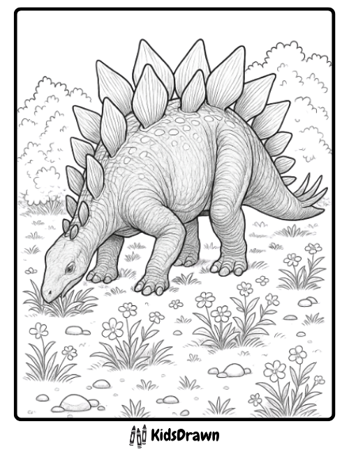 Stegosaurus grazing scene dinosaur coloring page eating grass in meadow printable