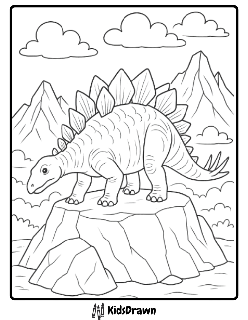 Stegosaurus in prehistoric landscape coloring page with mountains and rocks printable