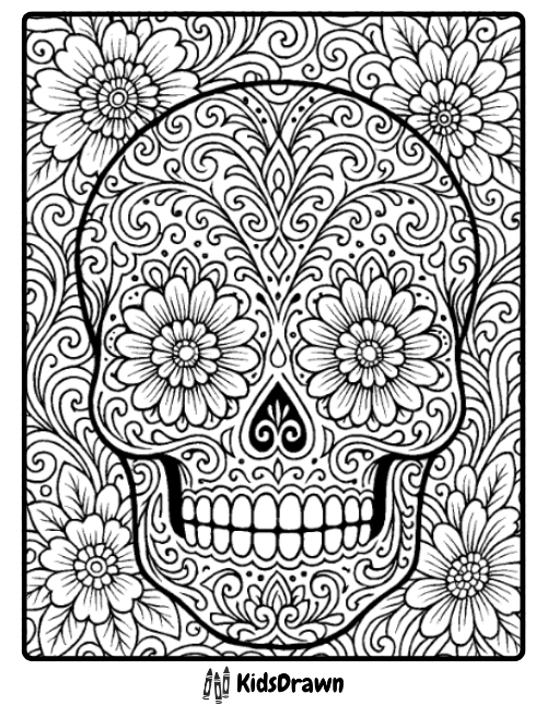 Decorative sugar skull with flowers intricate Halloween design