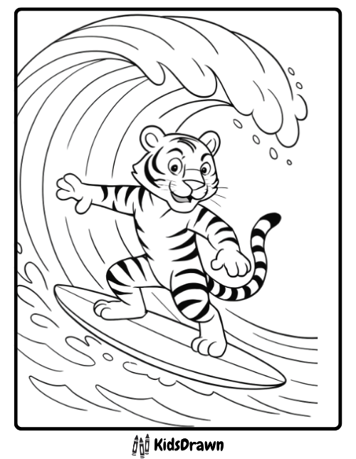 Cool tiger surfing on a big ocean wave exciting summer adventure tiger coloring pages for kids