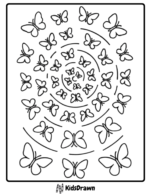Coloring page of many simple butterflies spiraling inward in a dynamic, swirling vortex or circular pattern