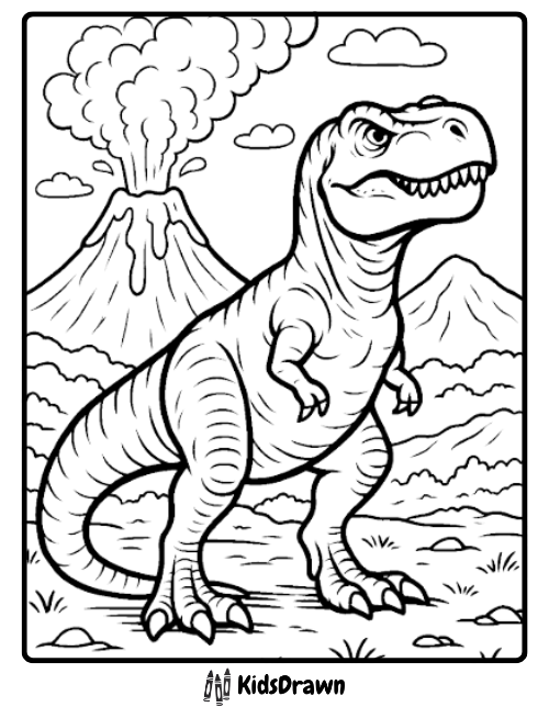 T Rex and volcano dinosaur coloring page prehistoric scene with eruption printable