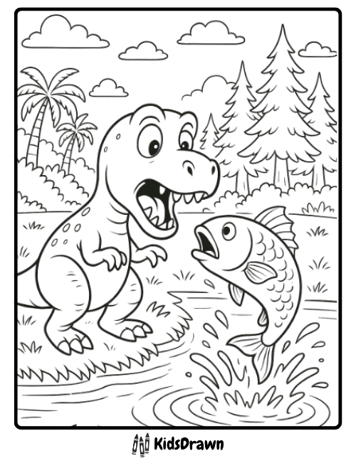 T Rex fishing fun dinosaur coloring page with big fish by river printable for kids