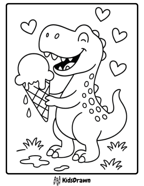 T Rex happily holding ice cream coloring page cute dinosaur printable for kids