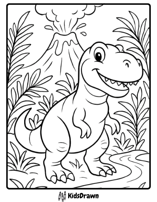 T Rex near erupting volcano coloring page prehistoric dinosaur scene printable