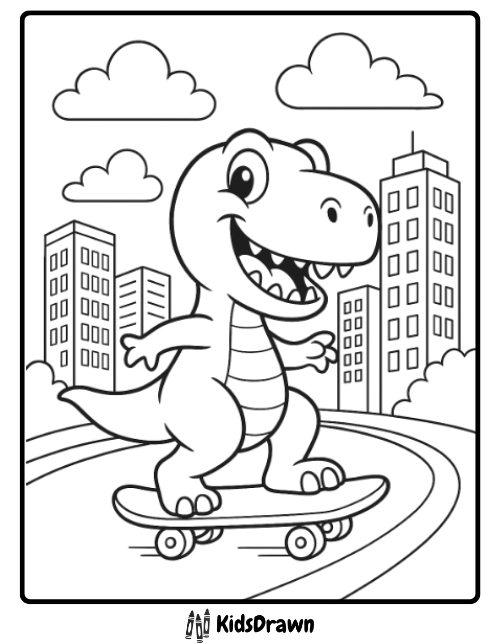 T Rex skateboard adventure dinosaur coloring page riding in city streets printable