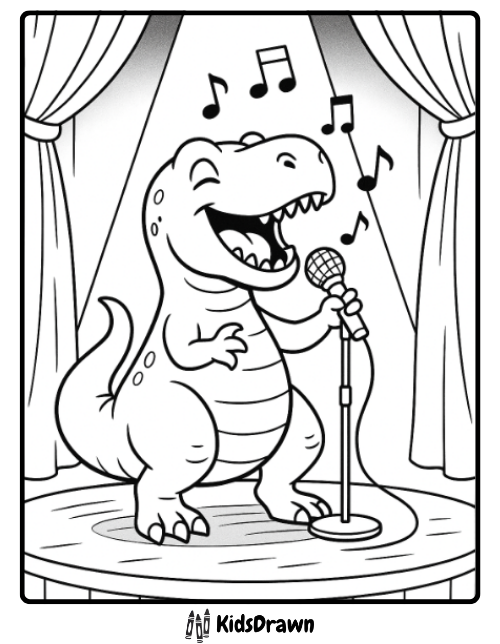 T Rex stage serenade dinosaur coloring page singing with microphone printable