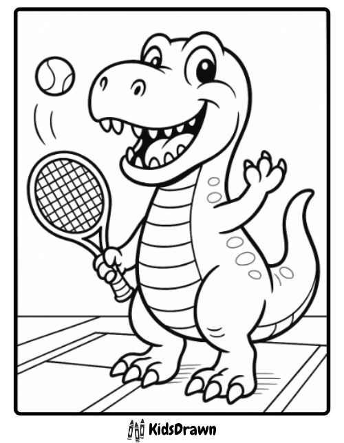 T Rex tennis fun dinosaur coloring page with racket and ball for kids printable