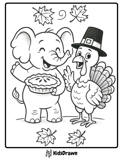 Elephant and turkey celebrating Thanksgiving
