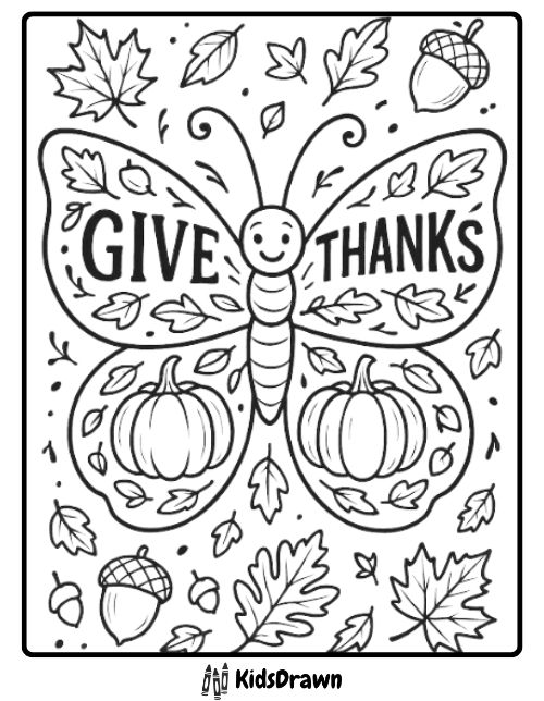 Thanksgiving coloring page of a butterfly with "Give Thanks" text, pumpkins, acorns, and autumn leaves
