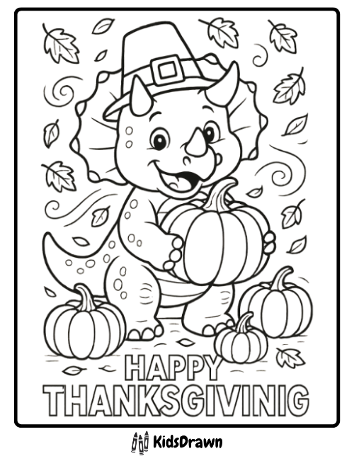 Thanksgiving triceratops celebration coloring page with pumpkins and leaves printable