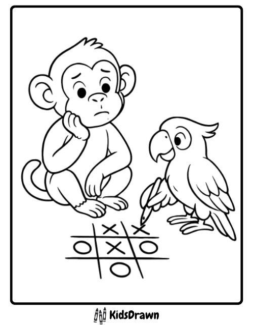A funny monkey coloring page where a thoughtful monkey is losing a game of tic-tac-toe to a clever parrot
