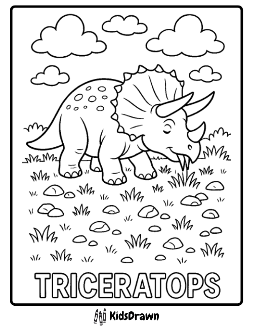 Triceratops grazing scene dinosaur coloring page in field with grass and rocks printable