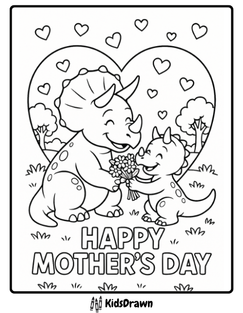 Triceratops mother’s day joy coloring page cute dinosaur family with hearts printable