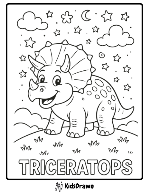 Triceratops under starry sky coloring page cute dinosaur with stars and moon printable