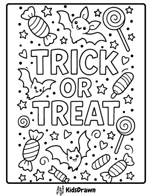 Cute Halloween trick or treat page with bats and candies art