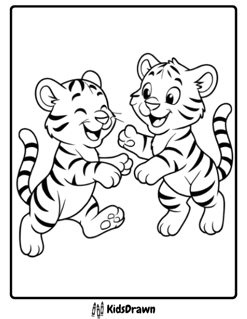 Two playful tigers laughing and dancing joyful friendship themed tiger coloring pages for kids