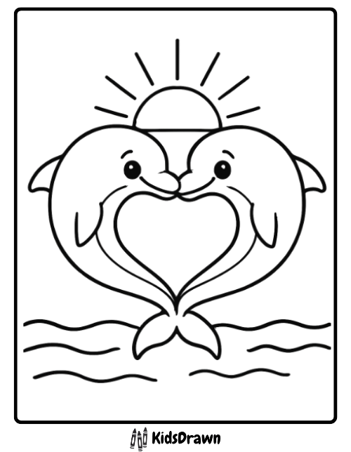 Cute coloring sheet of two dolphins touching noses and forming a heart shape with their bodies under a setting or rising sun