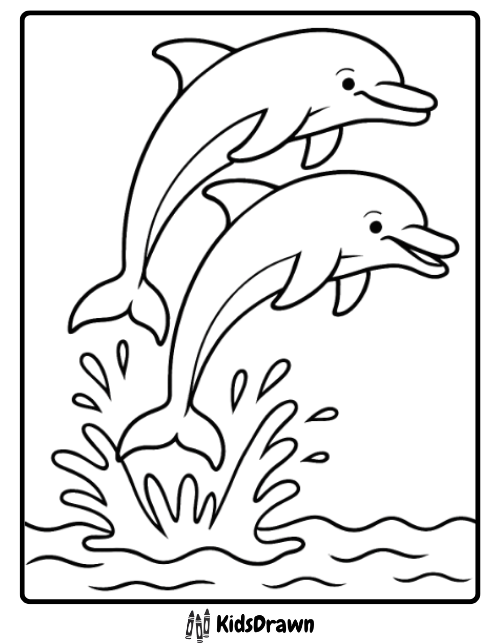 Outline drawing of two friendly dolphins jumping together in harmony out of the water, splashing below, perfect for a duo coloring sheet