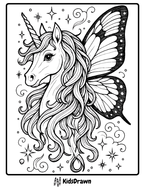 Detailed fantasy coloring page of a beautiful unicorn with flowing mane and large monarch-style butterfly wings