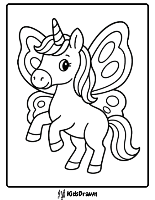 Adorable cartoon unicorn coloring page with a horn, flowing mane, and simple, spotted butterfly wings