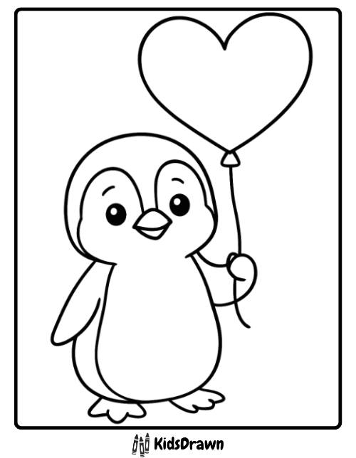 Cute penguin holding a heart shaped balloon Penguin Coloring Pages for Valentine’s Day fun