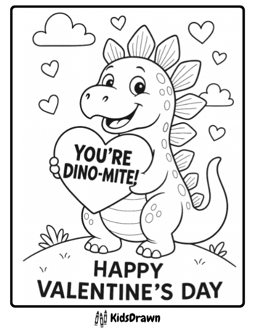 Valentine dinosaur delight coloring page cute dinosaur holding heart you’re dino-mite printable
